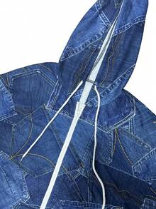 Plus Women's Printed Pocket Hooded Drawstring Jacket - Blue - View 3