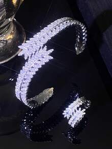 2 件叶子交叉锆石小麦可调节戒指和手链套装，时尚优雅珠宝适合日常佩戴、派对和宴会 - 銀色 - 查看 3