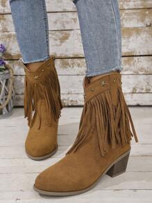 Women's Metal Decor Solid Color Fabric Fringe Boots, Outdoor Street Casual Fashion, Comfortable Thick Sole Brown Ankle Boots