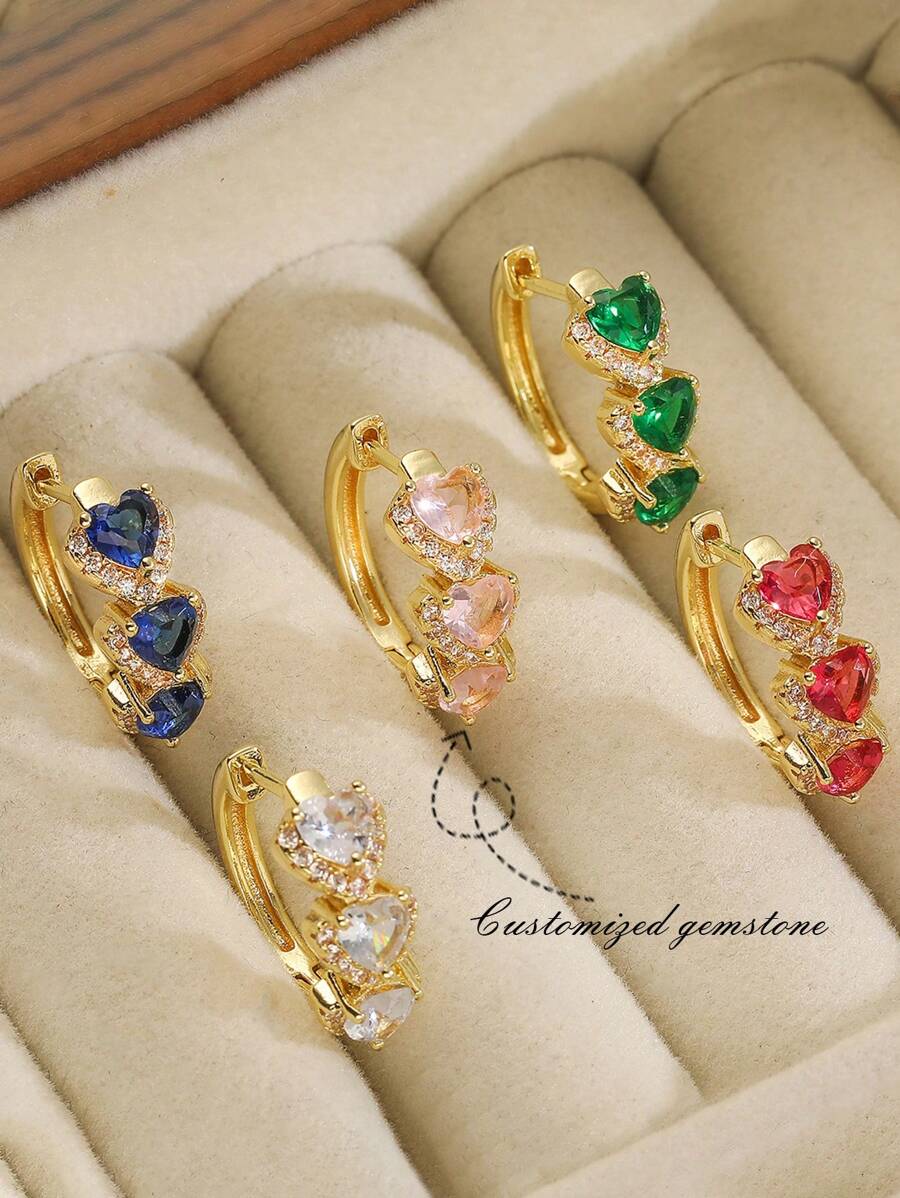 2 pezzi di orecchini geometrici in rame placcato oro 18K con zirconi a forma di cuore, personalizzabili, semplici e leggeri, orecchini a forma di C in zircone di alta qualità per donna