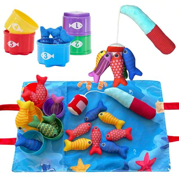 Juguete de aprendizaje de pesca de tela con , juego de pesca de emparejamiento numérico, alfombra de juego plegable y portátil
