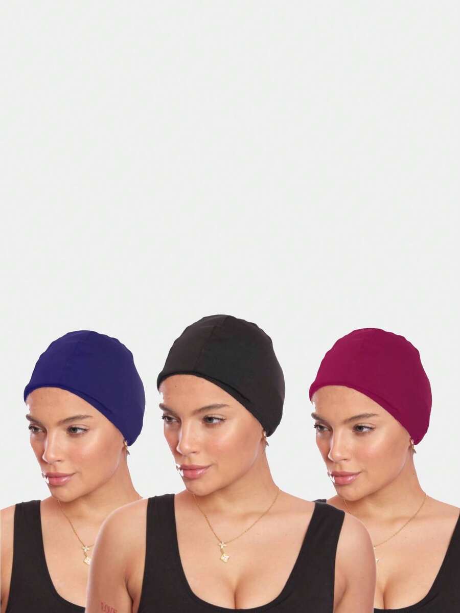 Kit 3 Swimming And Water Aerobics Caps Adult Unisex Suplex Simple Casual Polyester Beach Holiday Sports And Fitness - Đen, Hồng và Xanh - Xem 1