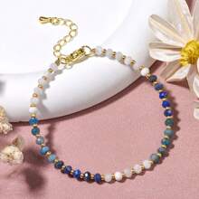 1pc Casual Adjustable Gemstone Beaded Bracelet With Natural Sunstone, Moonstone And Aquamarine, Suitable For Women Everyday And Holiday Wear