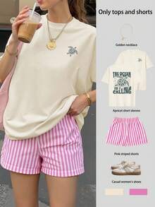 海洋在召唤印花夏季大码女式超大短袖上衣和条纹短裤套装，大码两件套，夏季两件套