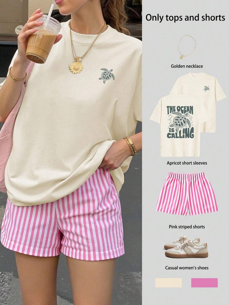海洋在召唤印花夏季大码女式超大短袖上衣和条纹短裤套装，大码两件套，夏季两件套