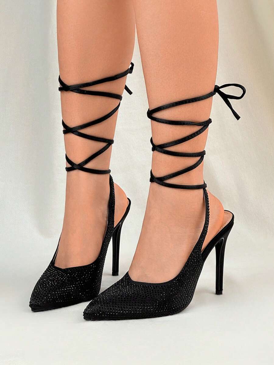 Rhinestone Lace-Up Pointed Toe Sexy High Heel Sandals For Women