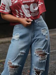 SAYEHFBABY Pantalones vaqueros lavados desgastados de pierna ancha de moda - Lavado ligero - Ver 8