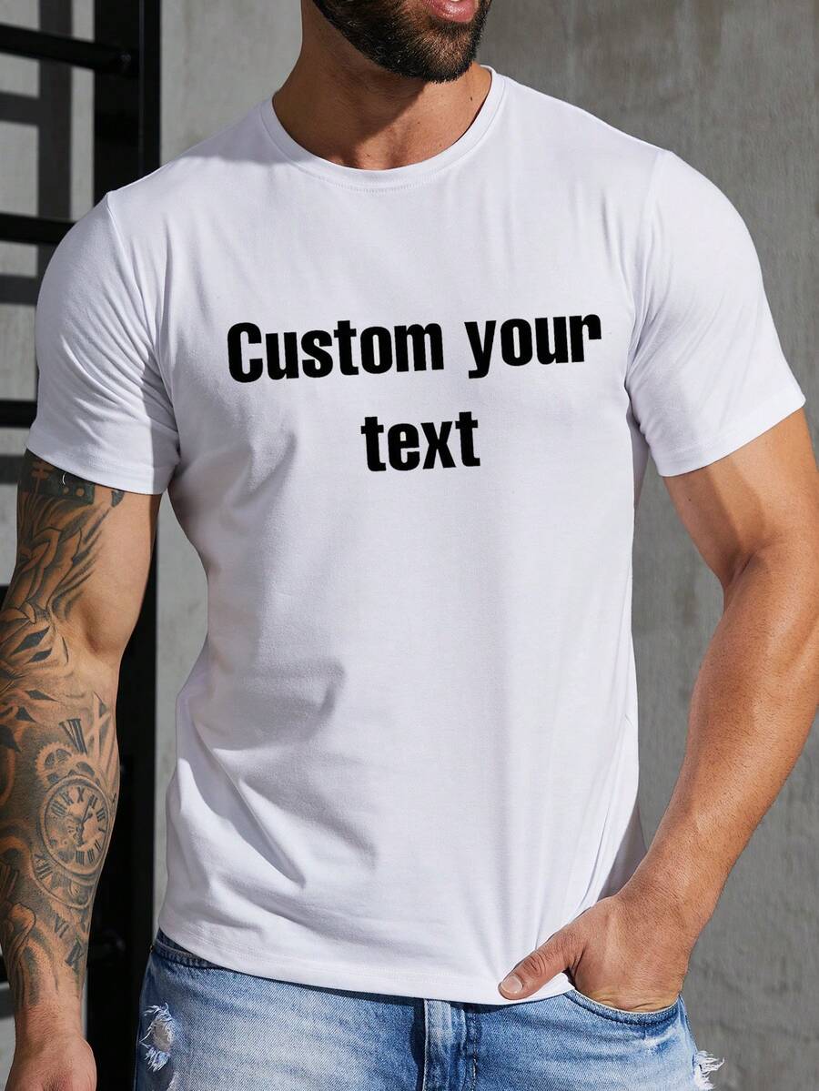 Customized Men's Short Sleeve T-Shirt Text Name Graphic Tee Loose Fit Round Neck White Summer Top - White - View 1