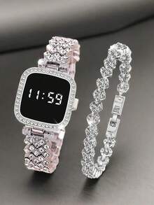 New Digital Watch Set FREE Bracelet Square LED Ladies Watch Alloy Student Girl Touch Fashion Electronic Women's Watch - Silver - View 1