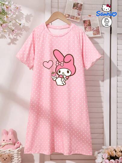 Sanrio A Gentle And Sweet Style Girl's Nightgown, A Round Neck Polka Dot Pink Dress Authorized By Sanrio With Melody Printed Short Sleeves. Made Of Soft And Comfortable Fabric, It Is Suitable For Home Use, Bathing, And After Swimming, And Can Prevent Catching A Cold