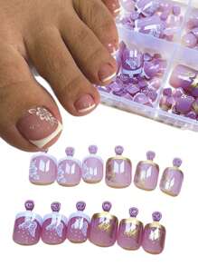 96pcs/Set (White Flower/Gold Flower/Gold Butterfly/White Butterfly) Short Square French Manicure Nail Stickers, Summer Full Coverage Press-On Nails With Reusable Storage Box, Women Nail Art Tools