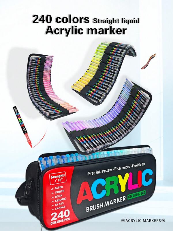240/288 couleurs Stylos marqueurs acryliques liquides imperméables directs, pointe de pinceau souple, marqueurs de peinture acrylique, opaques, mélangeables, pour canevas, peinture sur rocher, bois, pierre, verre, céramique, peinture sur tissu, artisanat DIY