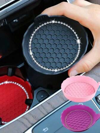2Pcs Universal Non-Slip Water Cup Pad Car Coaster Rhinestone Bling Decoration Anti-Skid Rubber Cup Bottle Mat For Car Interior Accessories, Stylish Protective Pad For Cup Holders, Prevent Slips, Absorb Moisture, Enhance Interior Decor, Durable Flexible Rubber, Easy Clean, Universal Fit For Most Vehicles