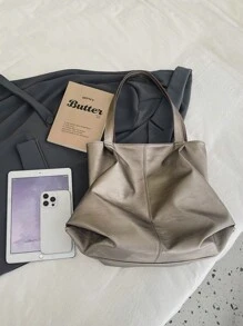 Large Capacity Tote Bag, Retro Style Faux Leather Handbag With Front Pocket For Work & Travel - Gold - View 10