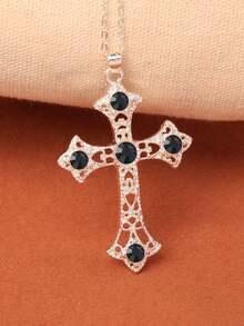 1件镀银合金粉色十字架吊坠项链，经典情侣款十字架项链，多种颜色可选 - 粉色 - 查看 3