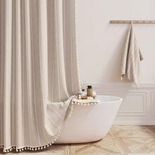 Boho Shower Stall Curtain - 48x72 Narrow Farmhouse Linen Ultra Thick Tassel Fabric Shower Curtain Set With 8 Hooks, Half Striped Camper RV Modern Country Shower Curtains For Bathroom, Taupe/Tan - Taupe - 查看 1
