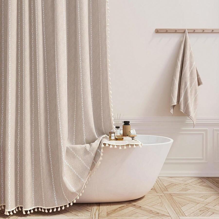 Boho Shower Stall Curtain - 48x72 Narrow Farmhouse Linen Ultra Thick Tassel Fabric Shower Curtain Set With 8 Hooks, Half Striped Camper RV Modern Country Shower Curtains For Bathroom, Taupe/Tan - Taupe - 查看 1