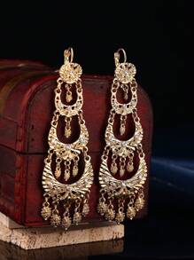 1 Pair Multilayered Earrings For Women, With Hollow Carving And Tassel Pendant Decor, Moroccan Jewelry Accessories