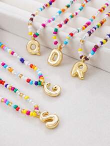 1pc Multicolor Glass Beads Letter Pendant Necklace, Bronze Tone - Multicolor - View 3