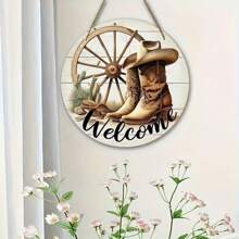 [1pc Rustic Cowboy Sign] Rustic 1pc Cowboy Welcome Sign | Round Wooden Wall Decor With Cowboy Boots, Cactus & Lasso Design, Ideal For Porch & Home, Charming Country Style Gift, Cowboy Hat