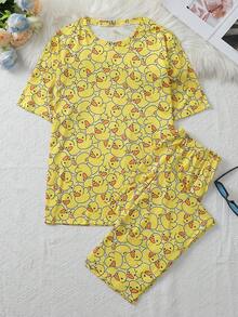 2pcs Men's Casual Cute Cartoon Duck Print Short Sleeve Top And Pants Pajama Set, Lightweight And Comfortable For Summer Home Wear - Multicolor - View 1