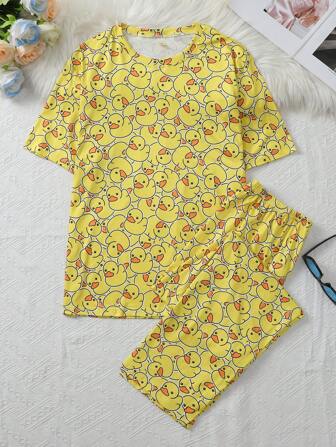 2pcs Men's Casual Cute Cartoon Duck Print Short Sleeve Top And Pants Pajama Set, Lightweight And Comfortable For Summer Home Wear