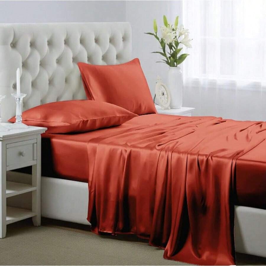 Housing Silk Satin Sheets, Size Satin Bed Sheet Set With Deep Pockets, Cooling Soft And Satin Sheets - Light Gray - Burnt Orange - View 1