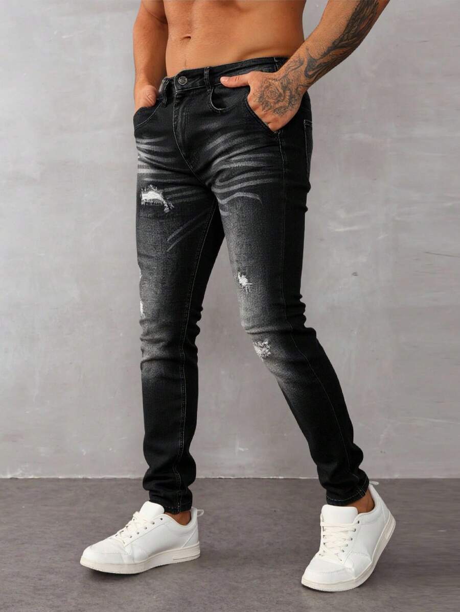 Pantalones vaqueros negros con rotos y degradado desgastado, diseño moderno, tela suave y flexible, casuales y versátiles - Negro - Ver 1