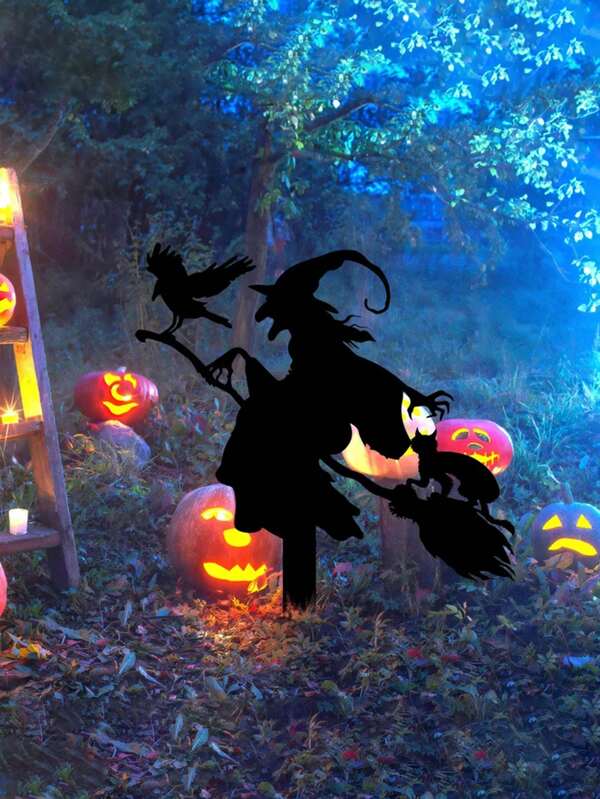 Letrero de metal de una bruja en escoba - Decoración de Halloween y otoño, con gato y cuervo
