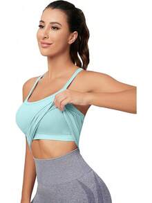 Workout Tops Women With Built In Bra, Sleeveless Gym Tops Seamless Racerback Athletic Yoga Shirts, Activewear - 青藍色 - 查看 5