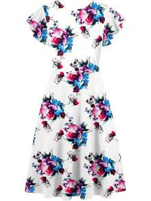 Women's Semi-Formal Ruffle Sleeve V-Back Work Fit And Flare Cocktail Knee Length Dress With Pockets, 2025 Style - 白色花卉 - 查看 3
