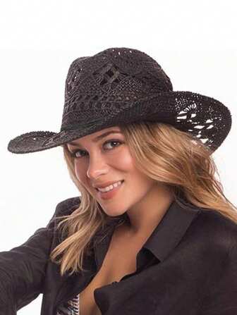1pc Checked Bohemian Casual Cute Elegant Retro Palace Style Street Western Cowboy Hollow-Out Paper Straw Sun Hat, Unisex, Suitable For Spring/Summer