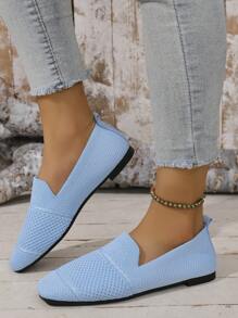 Women's Knitted Flat Square Toe Loafers, Comfortable Mother's Shoes, Breathable For Spring & Autumn