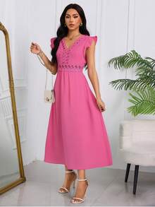 Elegante Vestido Largo Para Mujer Bordado Calado Con Mangas De Hojas De Loto,Vestido Unicolor De Empalme De Encaje Con Cuello En V Y Hueco De Talle Alto - Rosa Fucsia - Ver 3