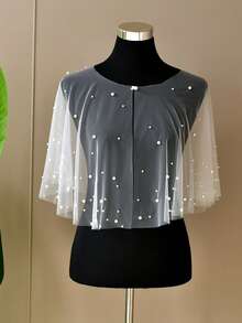 1pc Faux Pearl Decor Bridal Shawl, Sexy Thin Mesh Ladies Wedding Party Bolero Cover Up Shrug Fall Clothes For Women - VG120 - View 4