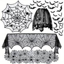 40pcs/Set Halloween Spider Web Tablecloth, Table Runner, Fireplace Scarf, Lamp Shade, Bat Halloween Decoration Set