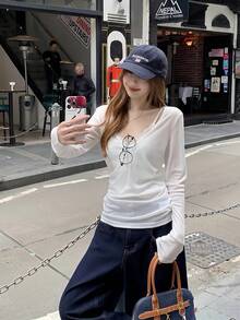 女士V领长袖T恤，百搭防晒，春夏