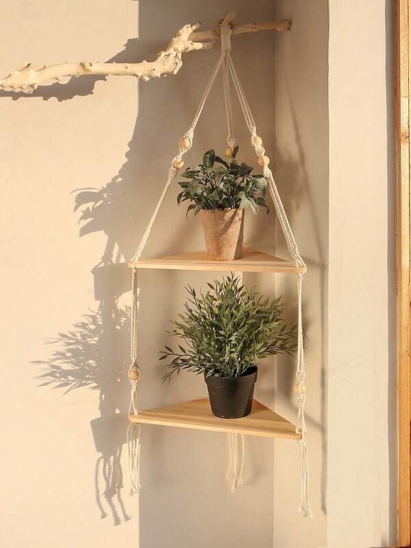 1 pièce Étagère de rangement en corde bohème tressée, planche en bois triangulaire, décoration murale pour la maison, pot de fleurs, tapisserie tressée, étagère de rangement triangulaire, tapis mural pour le salon, la chambre à coucher et la maison d'hôtes