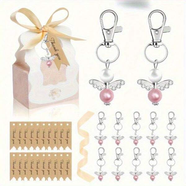 1 Packung mit 24 Stücke Schutzengel-Schlüsselanhänger Geschenkset - mit Kristallen verziert, kommt mit Geschenkbox und Karte, ideal für Taufe, Erste Kommunion, Weihnachtsparty Dekorationen (europäischer Stil)