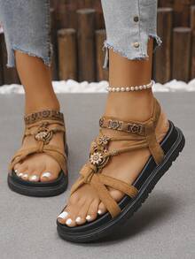 1双时尚舒适的波西米亚风夏季凉鞋，柔软的鞋底和鞋面，适合长时间穿着，不伤脚。简约时尚的设计，非常适合海滩、度假和休闲场合。可轻松搭配连衣裙或裤装，展现独特的时尚风格。 - 鏽棕色 - 查看 5