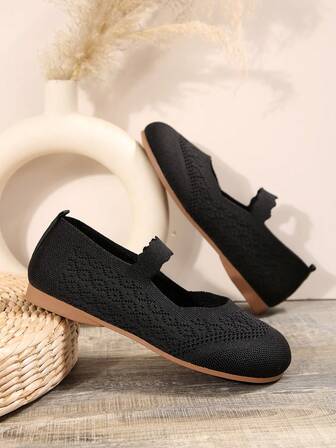 2025 年秋季女士四季针织玛丽珍平底鞋，纯色一脚蹬圆头鞋，织物鞋面和衬里，橡胶外底，支持手洗