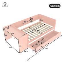 Sairedel Cama plana, cama de madeira, 90x200cm, com secretária, equipada com 2 gavetas, cama individual (sem colchão), com prateleiras, pinho+aglomerado, rosa
