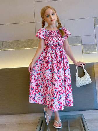 Girls' Casual Ditsy Floral Long Dress, Fashion New Style Summer Dress For Big Tween Girl