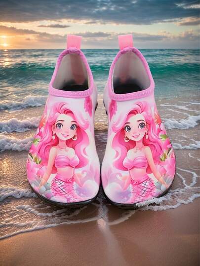 1 Pair Kids Summer Water Shoes, Outdoor Water Shoes, Yoga Shoes, Cartoon Anti-Slip Breathable Beach Shoes, Training Shoes, Girls Cartoon Pattern Round Toe Fabric Sports Water Socks