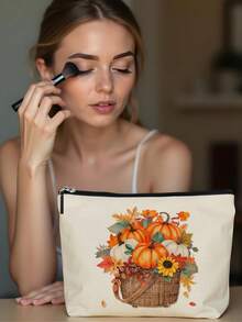 1pc Autumn Pumpkin Sunflower Maple Leaf Bow Carving Letter & Linen Print Makeup Bag, Cute Travel Cosmetic Bag & Multipurpose Coin Purse, Convenient Gift For Women