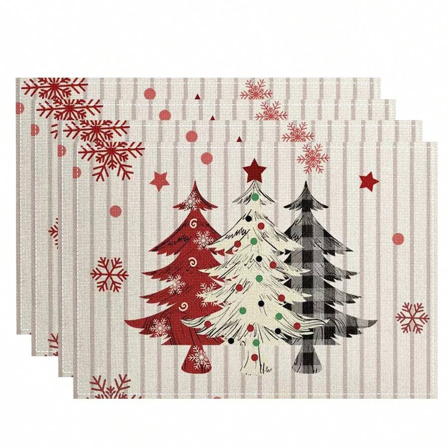 4/6 Stücke Weihnachtsbaum Tischsets, mit roten, weißen und karierten Mustern, robustes Material, geeignet für Küche, Esszimmer, Innen-/Außen Feiertagsdekoration, Thanksgiving und Weihnachten