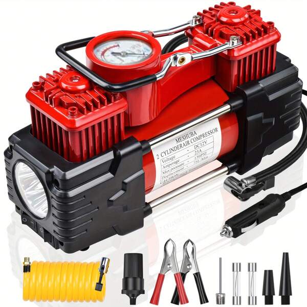 Inflador de neumáticos Meshuba de doble cilindro de gran resistencia, compresor de aire portátil de metal de 12V CC - Accesorios para automóvil, bomba de neumáticos de 150 PSI con adaptador para automóviles, camiones, SUV, botes inflables, colchones de aire, etc.