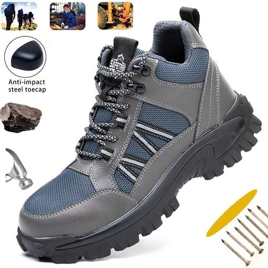 Steel Toe Safety Shoes - Breathable Upper, Kevlar Puncture-Resistant Midsole, Non-Slip Rubber Sole, Impact Protection, Ideal For Industrial & Construction Work - Grey - View 1