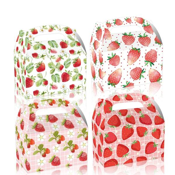 4/12 Pcs Strawberry Birthday Party Gift Boxes - Adorable Red & White Strawberry Design Gift Bags For Candies, Chocolates, Snacks And Decorations, Perfect For Fruit-Themed Celebrations And Parties