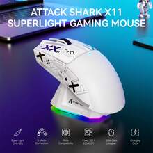 ATTACK SHARK X11 Lekka bezprzewodowa mysz do gier z dokiem ładującym RGB, trzy tryby - 2.4G/USB-C przewodowa/BT, 22 tys. DPI, czujnik optyczny PAW3311, przełącznik HUYU, 5 programowalnych przycisków do komputera PC/
